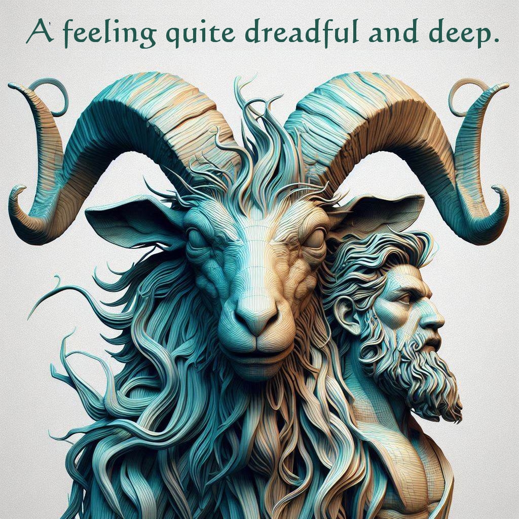 An image of a fantastical goat and human combined with an inscription that says A Feeling Quite Dreadful and Deep